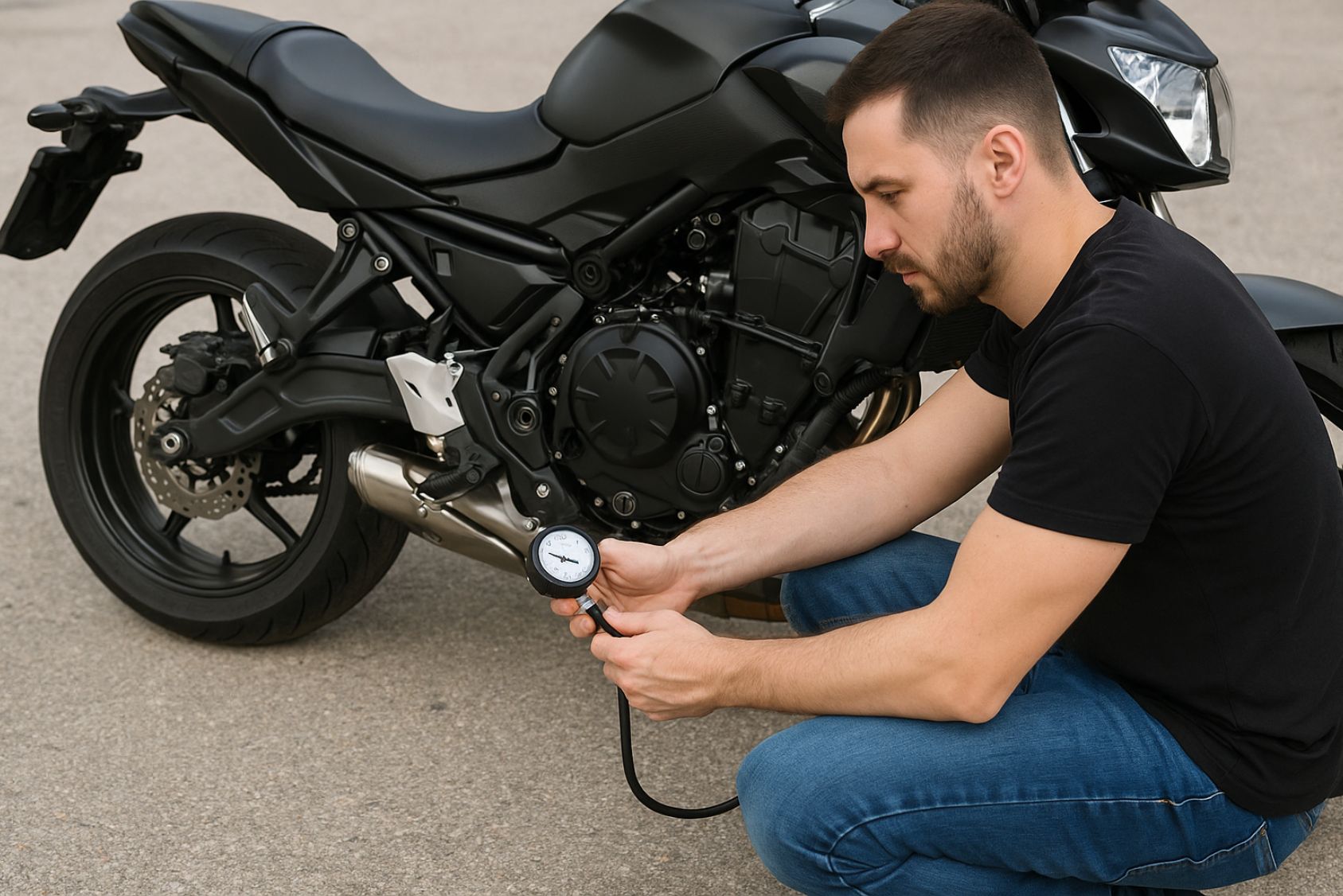 homme qui vérifier la pression des pneus de sa moto